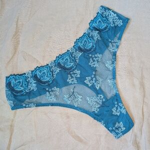 PRIMADONNA Thong Teal Blue Mesh Lace Embroidered Floral Panties Stretch